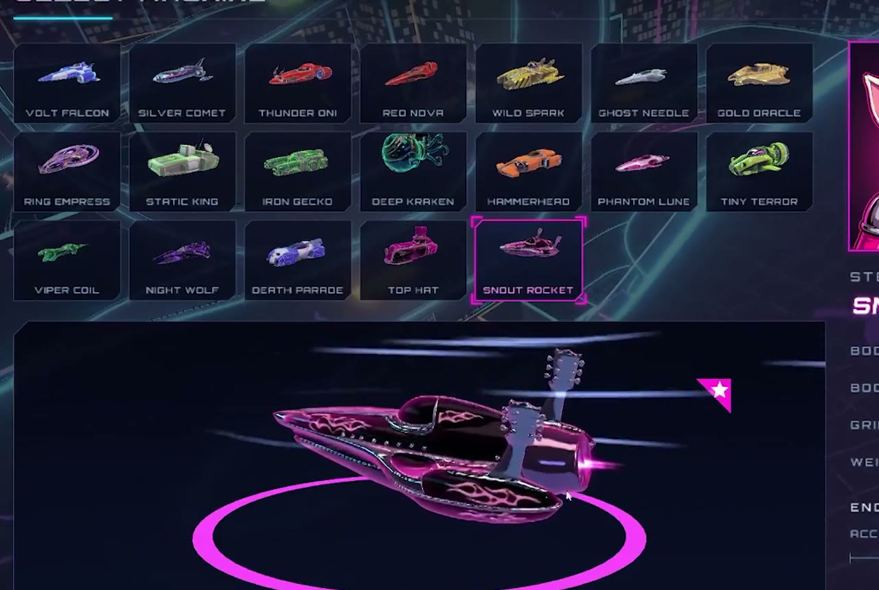 The select screen: 19 cars, each with its own silhouette and name, and one neon material set that keeps them together.