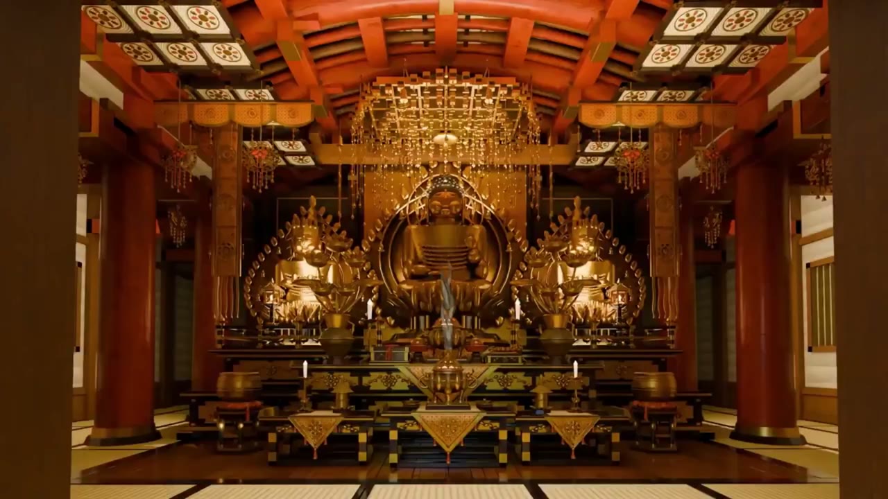 Inside the golden hall: a Buddha triad, gilt lanterns and tatami, all the interior specialist's work.