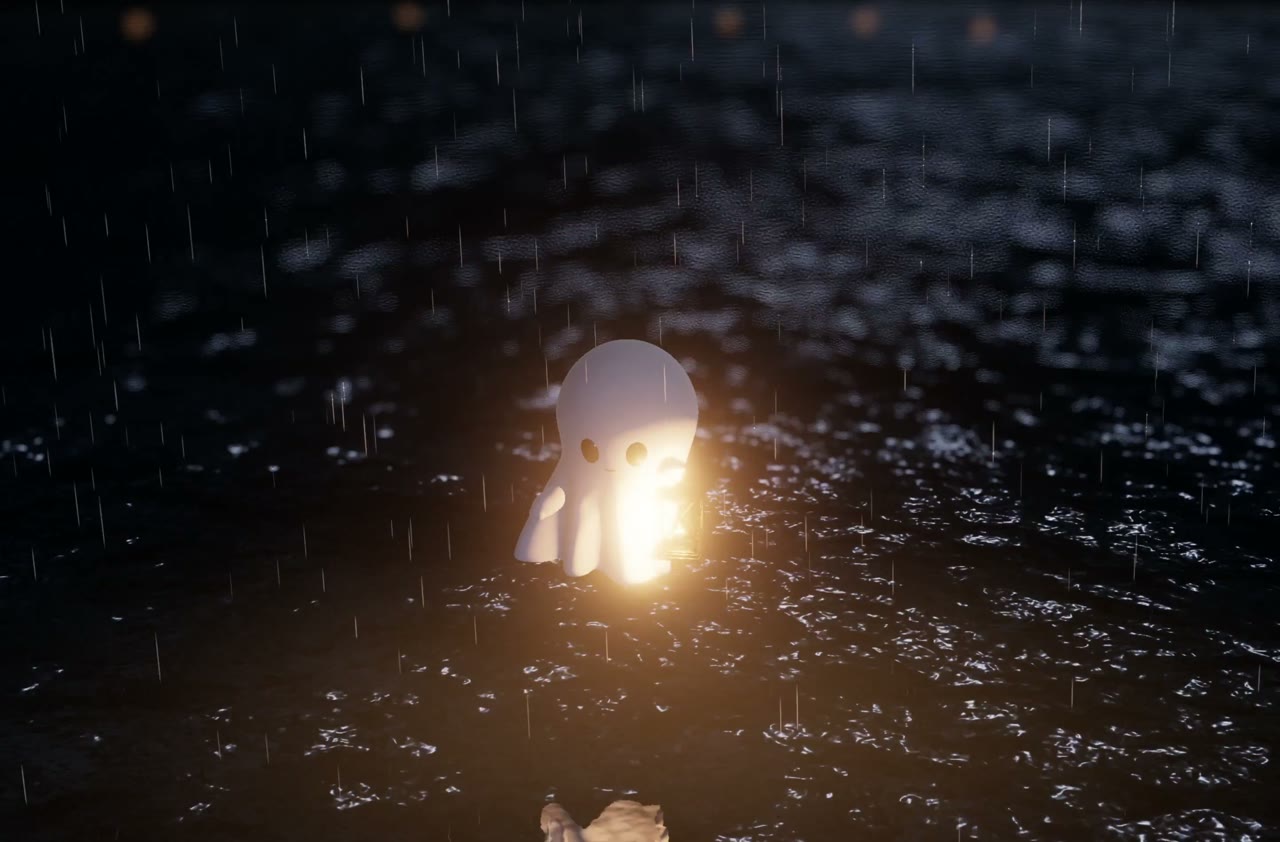 Warm light hugs the ghost's right side, the water catches an orange reflection, and the rest stays black.