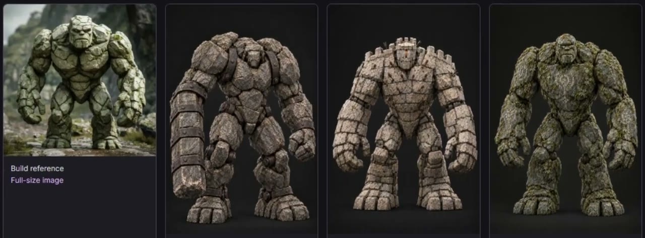 Round two: four golems drawn to the same build brief, and one is picked as the reference.