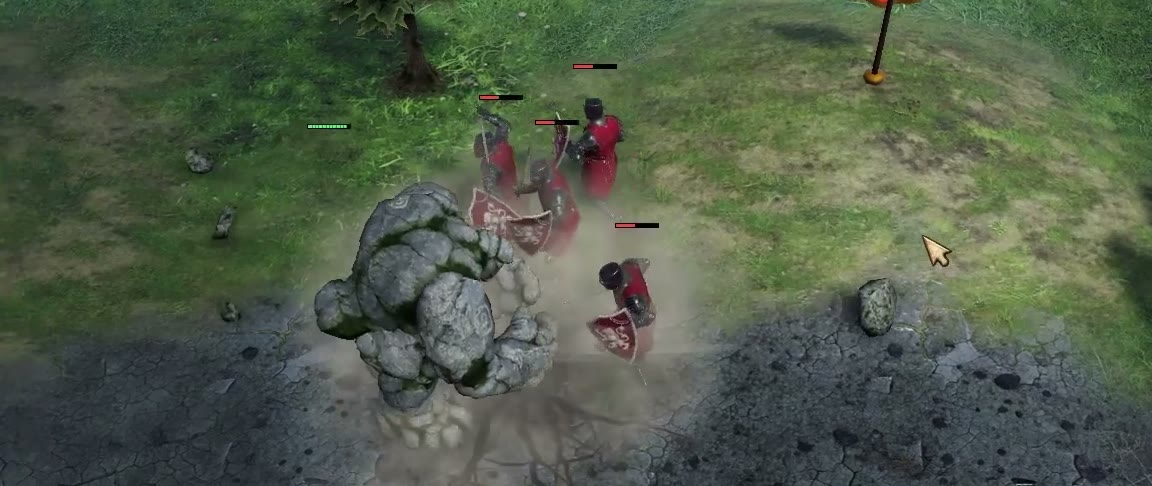 The unit playground: the golem slams the ground and dust rolls over a red squad.